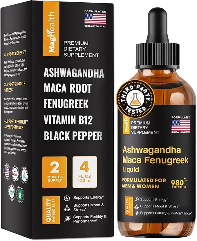 Maca Root Liquid Drops met Ashwagandha en Fenegriek - 60 dagen porties - Focus, energie en prestaties - vloeibare multivitamine voor vrouwen en mannen - Adapto Drive, Vegan Drops