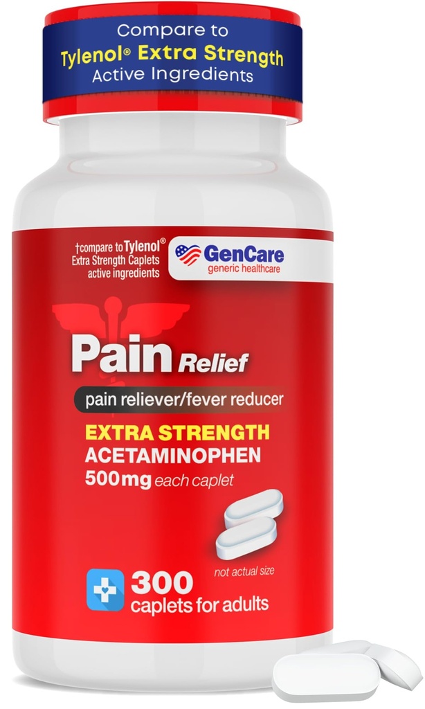 GenCare - Acetaminophen 500mg Extra sterkte pijnverlichting (300 Caplets) - Multi Symptoom pijn Relever voor hoofdpijn, Sinus, Artritis, Rugpijn Spierpijn, Tandpijn, Koortsreducer, Migraine