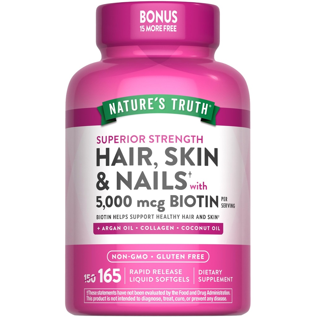 Nature's Truth Hair, Skin & Nails Vitamin | 5000 mcg Biotin | 165 Softgels | with Collagen | Non-GMO & Gluten Free Supplement