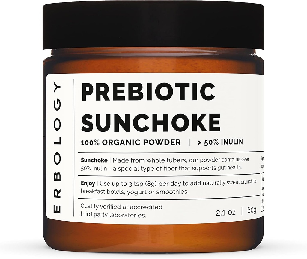 Erbologie Biologische Sunchoke Poeder 2.1 oz - 30 porties - 50% Prebiotic Inulin Fiber - Ondersteunt Gut Health en bevordert Diverse Microbiome - Feed Good Bacteria - Vegan - Glutenvrije - GGO-vrije