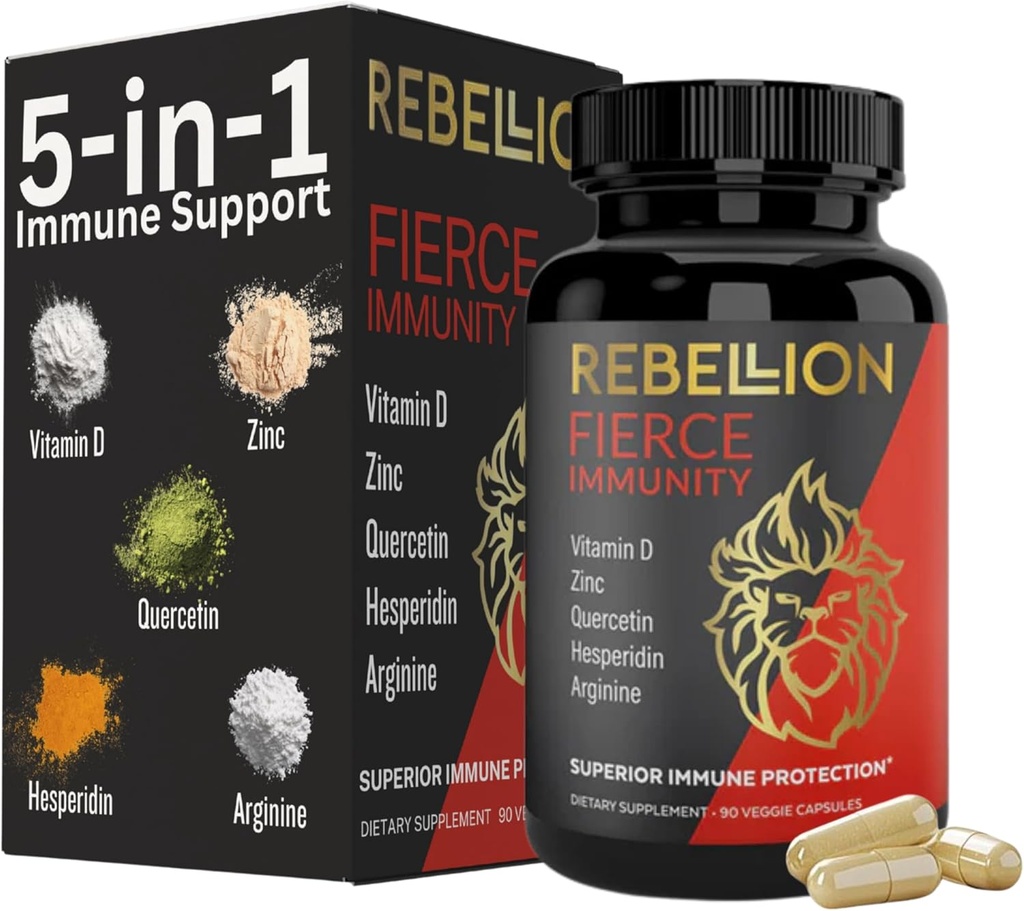 5-in-1 Fierce Immunity Supplement, Immuun Support Supplement en Boosters voor volwassenen, vitamine C, quercetine, vitamine D, zink, L-Arginine, Hesperidin, Immunity Support, 90 capsules (1 maand levering)