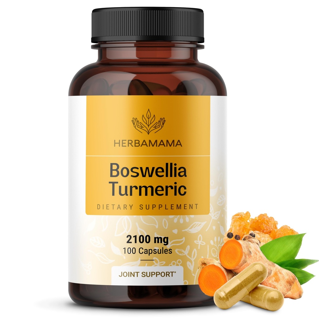 HERBAMAMA Kurkuma en Boswellia Extract Capsules - 2100mg Boswellia Serrata & Turmeric Complex with Black Pepper Extract - Vegan, Non-GMO, 95% Curcuminoïden Antioxidant Supplement, 100 Caps