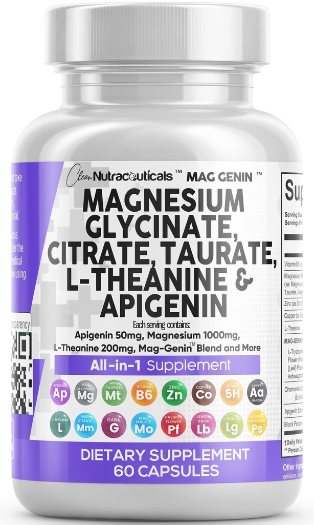 Clean Nutraceuticals Magnesium Glycinate Complex 1000mg met L-Theanine 200mg Apigenin 50mg Citrate Taurate Supplement - 5-HTP GABA Passion Flower Lemon Balm L-Glycine Fosfatidylserine - 60 Tel.