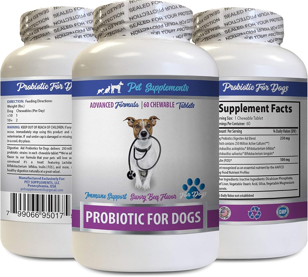 Enzymes digestifs pour chiens Poudre - PROBIOTIQUES pour chiens - Gout sain - Stop Diarrhée gazeuse et mauvaise haleine - Boost digestif - probiotiques pour chiens - 1 bouteille (60 traites)