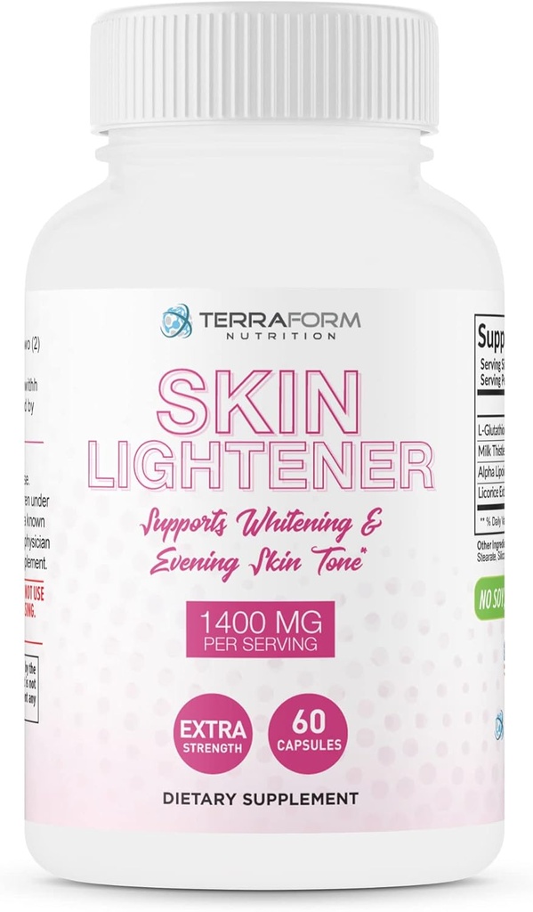 TerraForm Nutrition Skin Lightening Supplement, Glutathion 1000mg per Serving, Clears and Evens Skin Tones, helpt opruimen donkere vlekken en acne littekens - 30 porties