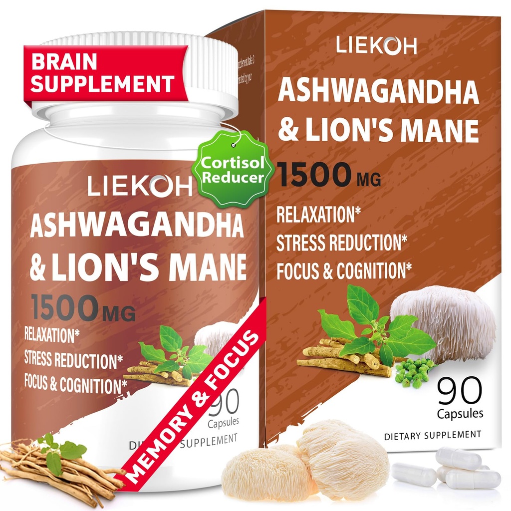 Ashwagandha & Lions Mane Supplement Capsules, Hersensupplementen voor Geheugen en Focus, Ashwagandha Supplement met Rhodiola & Black Peppe, Cortisol Supplements voor Vrouwen & Mannen,90 Caps