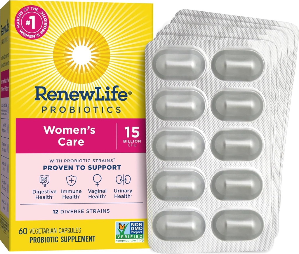 Renouveler la vie des femmes Probiotique Capsules, soutient la santé vaginale, urinaire, digestive et immunitaire, L. Rhamnosus GG, laiterie, soja et sans gluten, 15 milliards CFU, 60 comte
