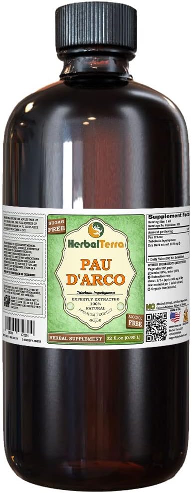 PAU d'arco (Tabebuia Impetiginosa) Glyceriet, gedroogd Bark Alcoholvrij Liquid Extract (Grote naam: HerbalTerra, Trots Made in USA) 32 fl.oz (0,95 l)