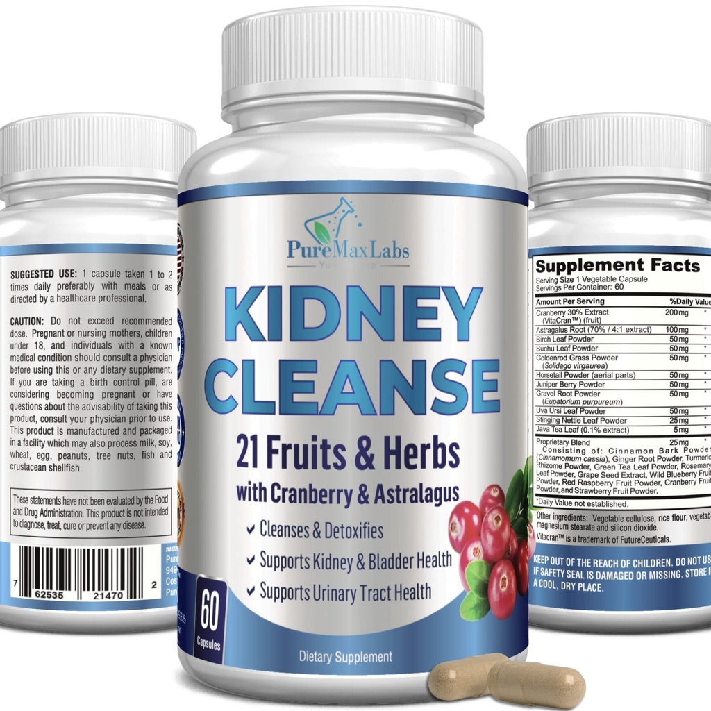 Herbal Nier Reiniging met Cranberry Extract, Astralagus - 21 Fruit & Kruiden - Detox & Cleanse Urine Tract & Bladder Health, Nierondersteuning, 60 Vegan Capsules