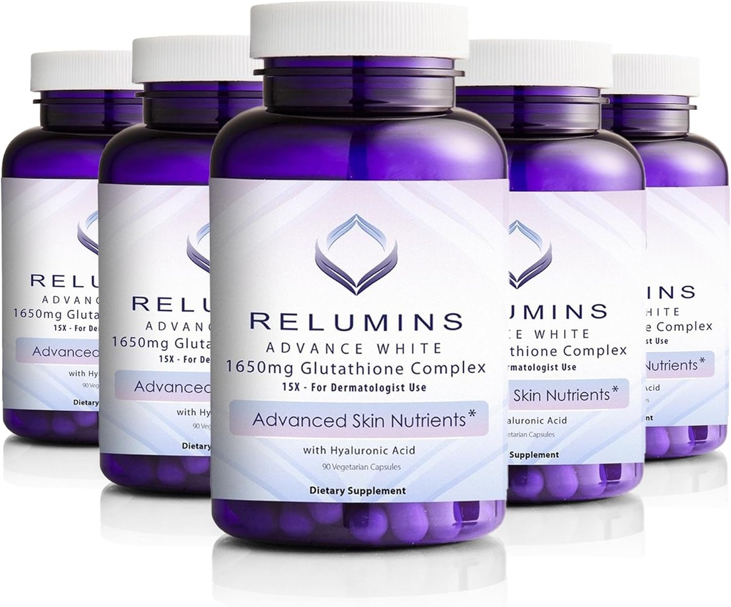 Relumines 1650mg L-Glutathione Complex met Hyaluronzuur, Alpha Lipoïne Acid, Rose HIPS, Vitamine E & Riboflavine, Antioxidant Ondersteuning, Huid Hydratatie & Wellness, Made in USA 90 Capsules x 5 Flessen