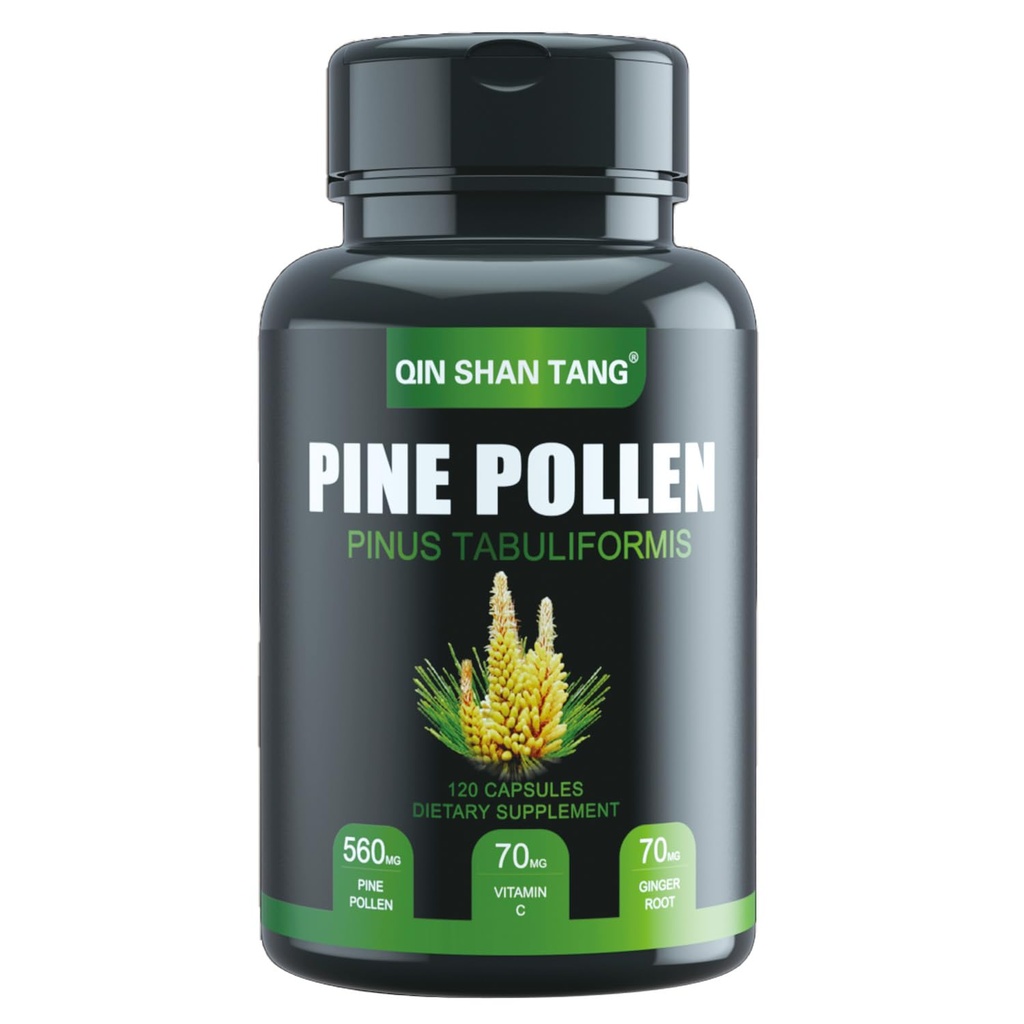 Supplément Pine Pollen wtih Ginger Racine et vitamine C, 99% Cracked Cell Wall,120 Capsules de Veggie,Focus&Immune Améliorer pour les femmes et les hommes