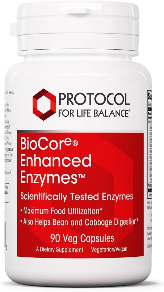 Protocol BioCore Enhanced Enzymes - Helpt Digest Beans & Crucifer Flowers* - Digestiesupplement* - Amylase & Lipase - Kosher & Vegan - 90 Veg Capsules