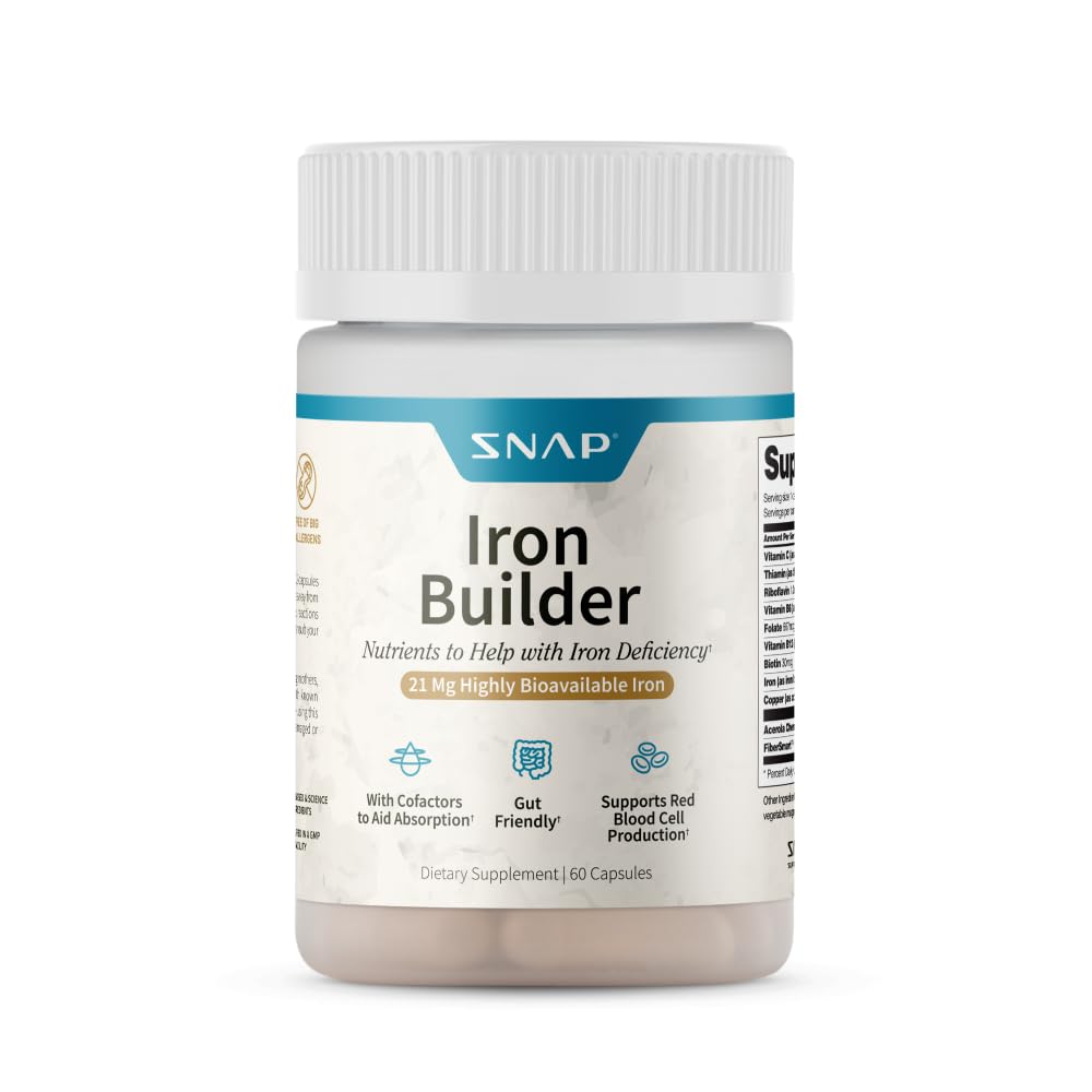 Suppléments Snap Natural Iron Builder Suppléments, 21mg Pills de fer pour augmenter l'énergie, le métabolisme et la digestion, Absorber rapidement les vitamines organiques nutriments (60 capsules)