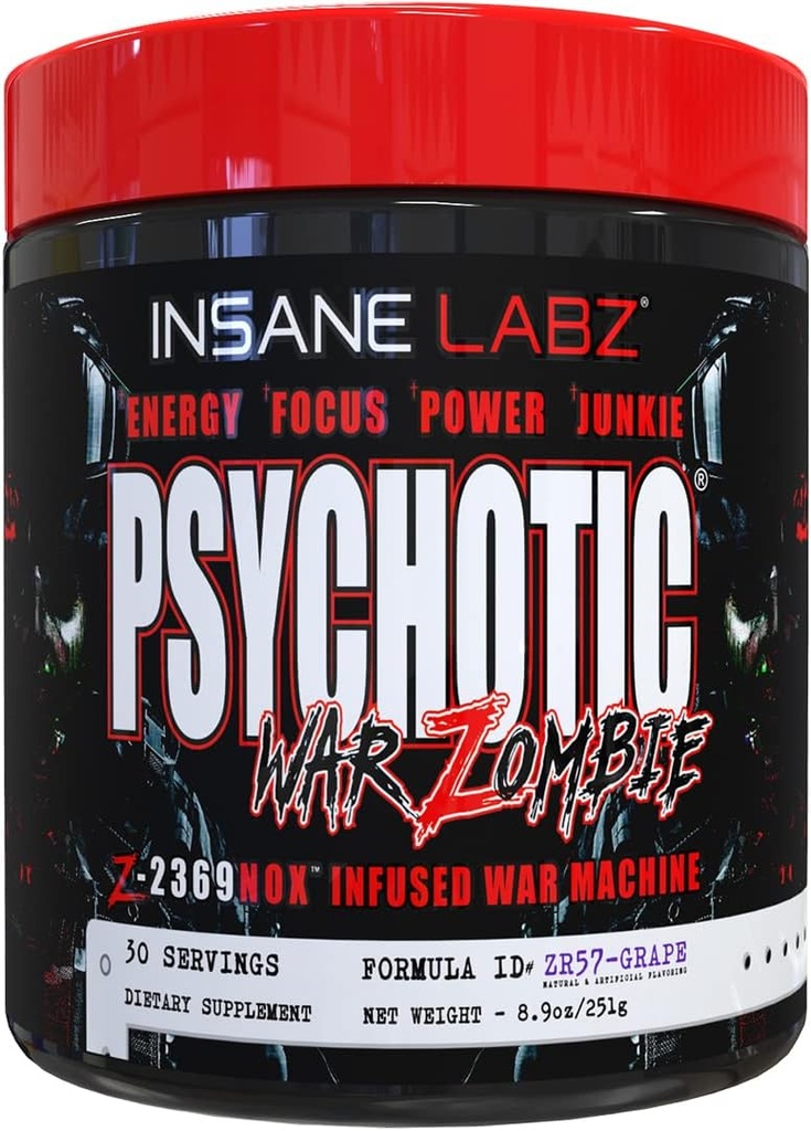 Insane Labz Psychotic War Zombie High Stimulant Pre Workout Powder, Extreme Lasting Energy, Focus and Pump with Beta Alanine, L-Arginine, 30 Servers (Grape)