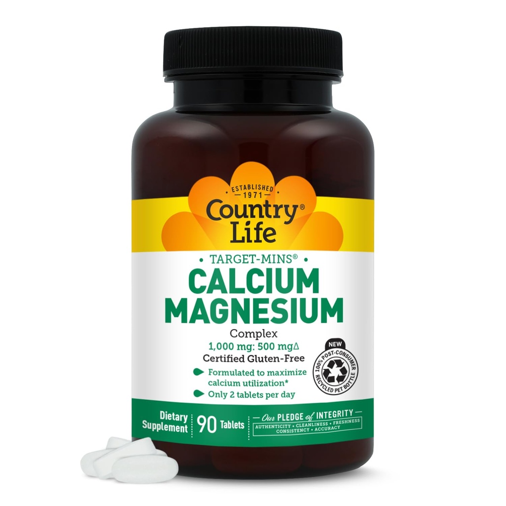Country Life Cible-Mins Complexe Calcium Magnésium 1000mg/500mg, 90 comprimés, certifié sans gluten, certifié végétalien, certifié non-OGM vérifié