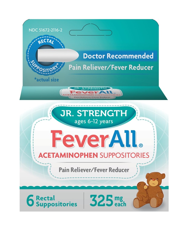 Feverall Enfants Suppositoires d'acétaminophène 6 Suppositoires rectales 325mg Chaque analgésique / Réducteur de fièvre. Sans parabène, sans colorant artificiel ou d'autres conservateurs. 6-12 ans