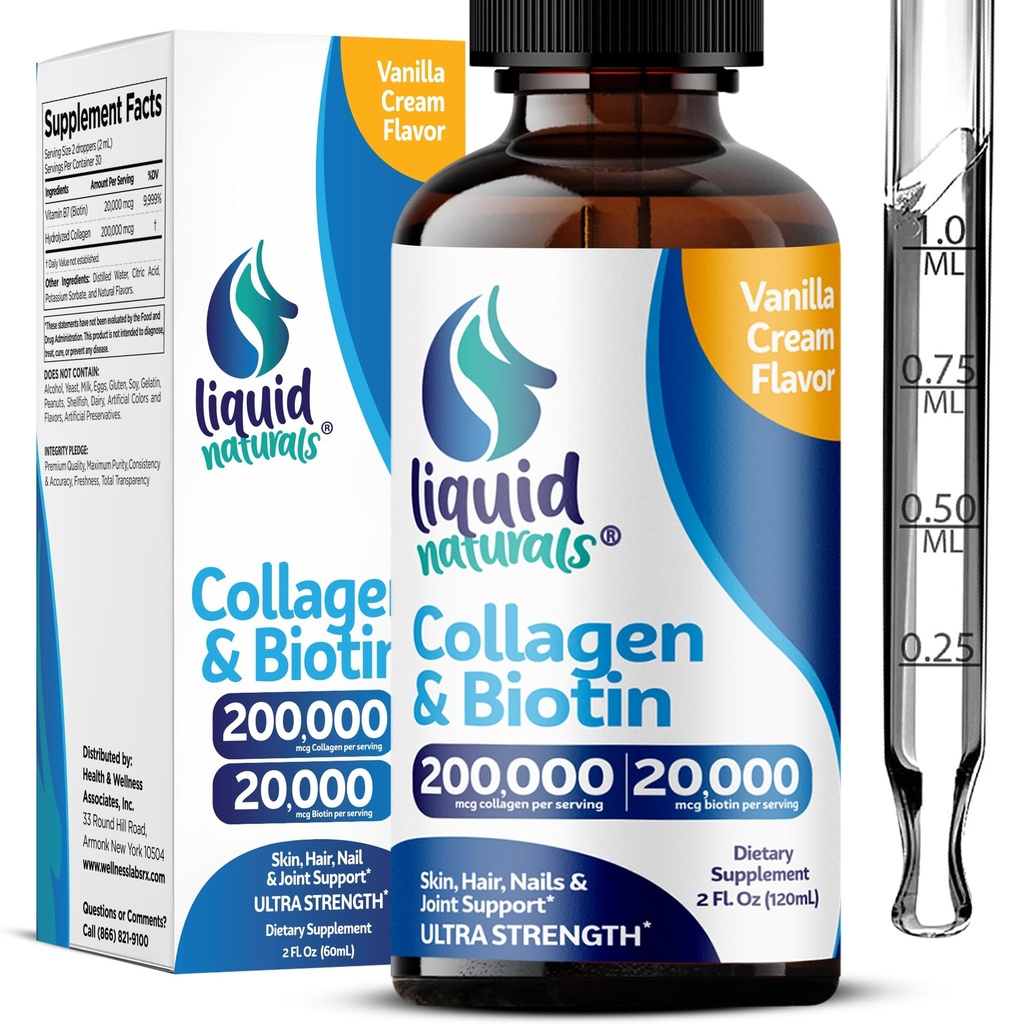 Liquid Collageen en Biotine, 2 Fl. Oz, Ultra-Strength Collageen Supplementen voor vrouwen, Derde-partij Tested Biotine voor haargroei Vrouwen, Nagels, en huidvitaminen B7 Collageno Peptides vanille smaak