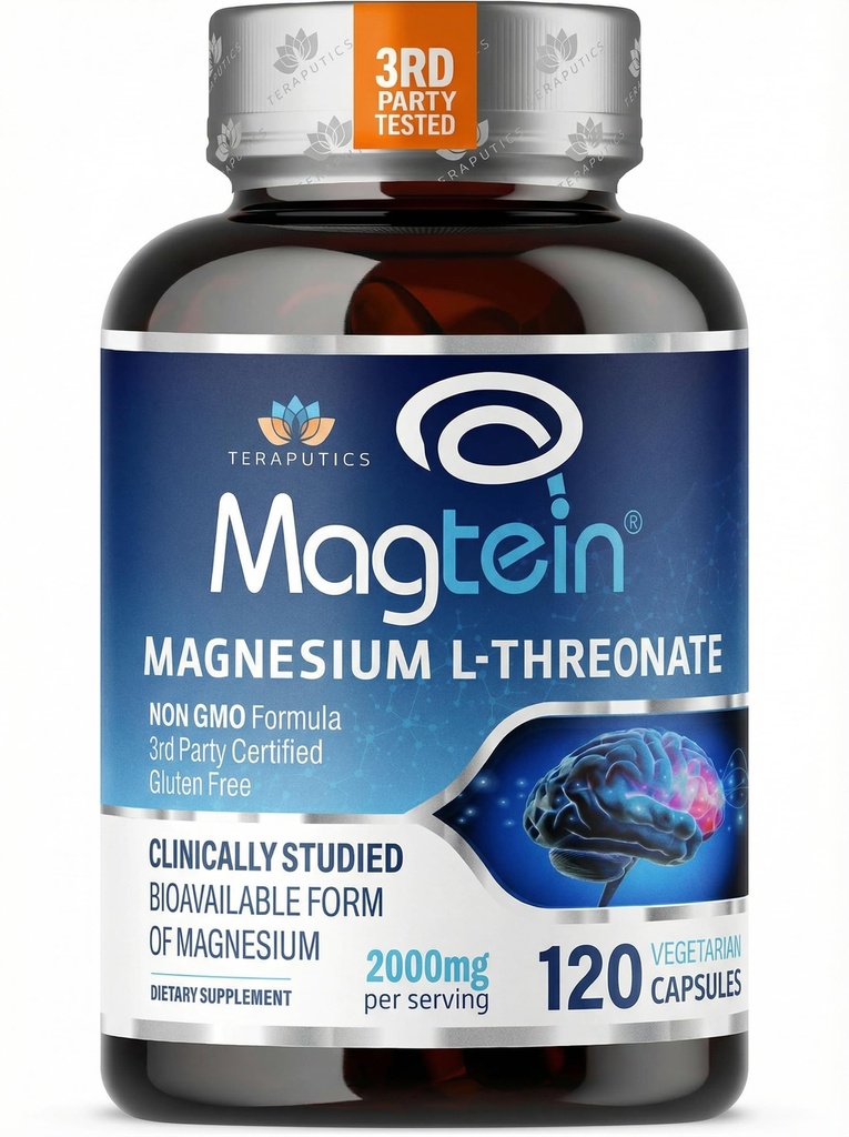 Thréonate de magnésium L, MagteinTM, Supplément Cerveau pour mémoire, focus, sommeil et soutien cognitif, haute absorption Thréonate de magnésium L, non-OGM, sans effet laxatif – 2000 mg, 100 capsules véganes