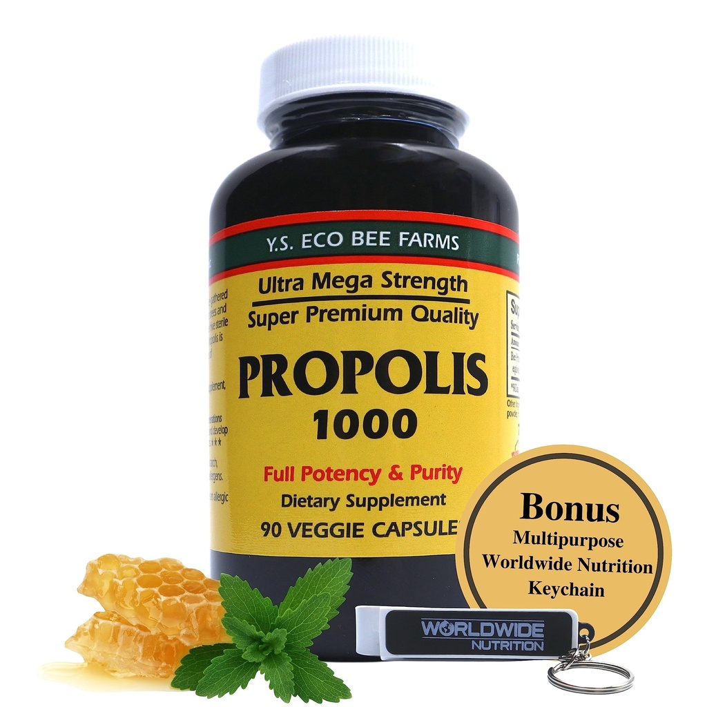 Y.S. Bio Bee Farms Propolis-Raw Unprocessed 1000mg - Votre porte vers le mieux-être - 90 Capsules avec Bonus Nutrition Multi But Chaîne Clé