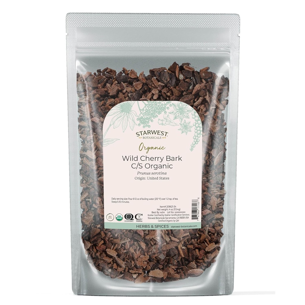 Starwest Botanicals Wild Cherry Bark Organic - Gedroogd Loose Leaf Herb for Tea, Syrup, & Natural Herbal Blends, Prunus Serotina, Cut & Sifted, Certified Kosher, Non-GMO - 4 oz Pouch