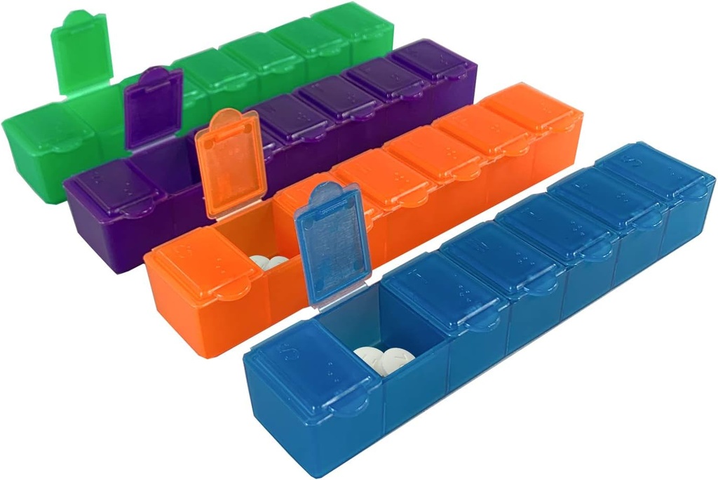 USA Merchant - 7 dagen Pill Box Small met Snap Sluiten Deksels - Weekly Pill Organizer 4 keer per dag of 28 dagen Dispenser - Wordt geleverd met 4 aparte 7 dagen Pill Containers voor vitamines, supplementen en medicijnen