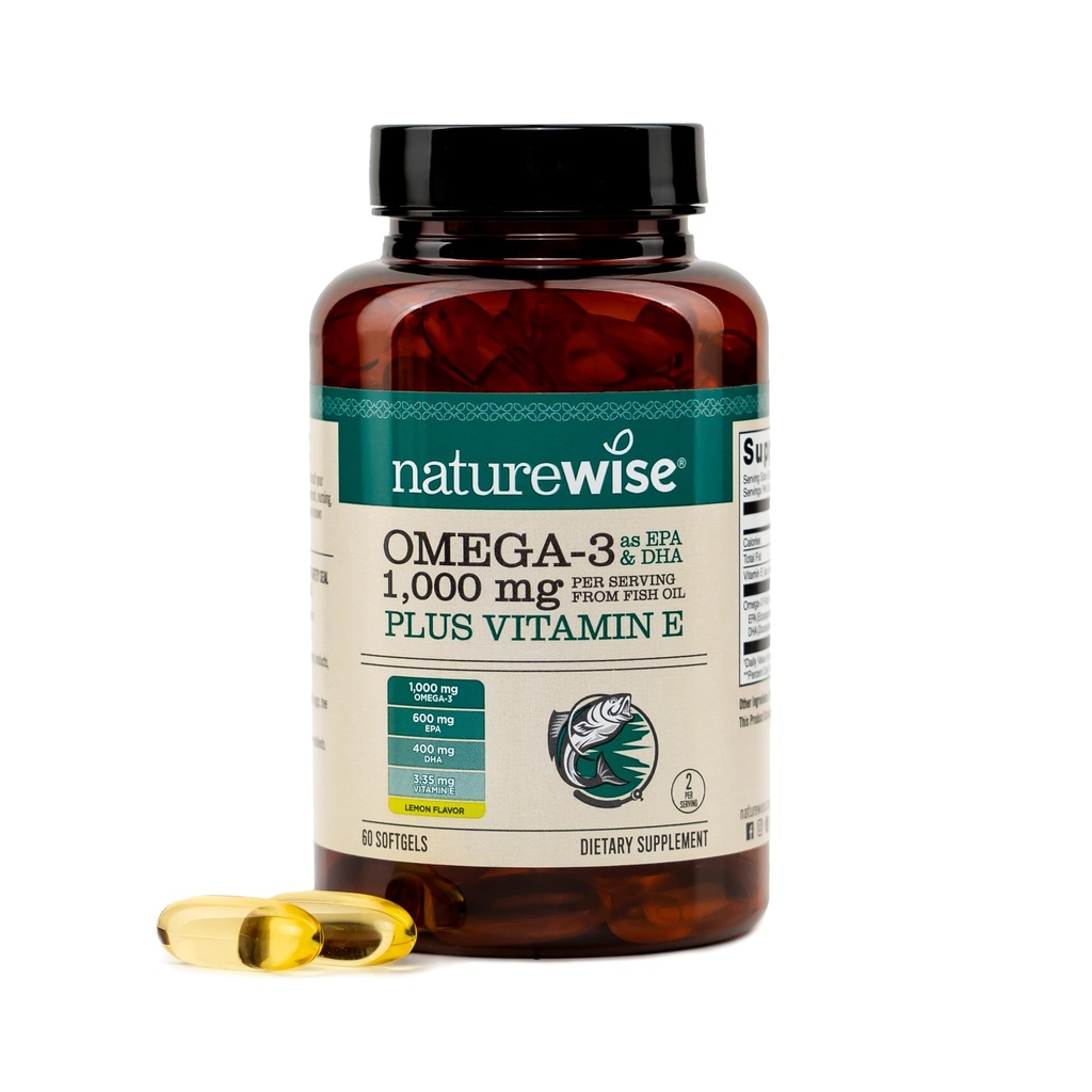 NatureWise Extra-sterke Omega 3 Visoliesupplement - 1000mg per portie - 600 EPA & 400 DHA en vitamine E - Ondersteuning voor hart- en hersenengezondheid - Citroensmaak, GGO-vrij - 60 Softgels[1-maandvoorraad]