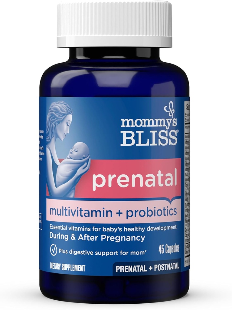 Mama's Gelukzaligheid Prenatale Multivitamine + Probiotica voor vrouwen w/Folic Acid, Ondersteunt Baby Ontwikkeling & Mama's Vertering w/ Zink, Vitamine B6 & B12, Gember & Choline, Vegan & Glutenvrij (45 Serven)
