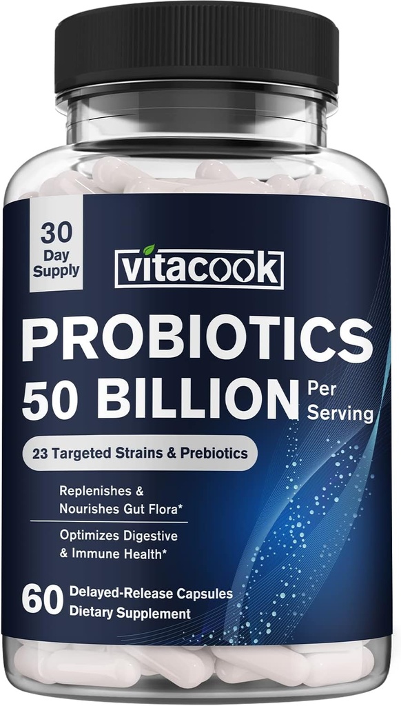 Probiotica 50 Miljard, 23 Strains met biologische prebiotica, Digestieve & Immune Support, Freeze-Dried, Delayed-Release, Beter dan een dozijn yoghurts, 60 Vegan Caps