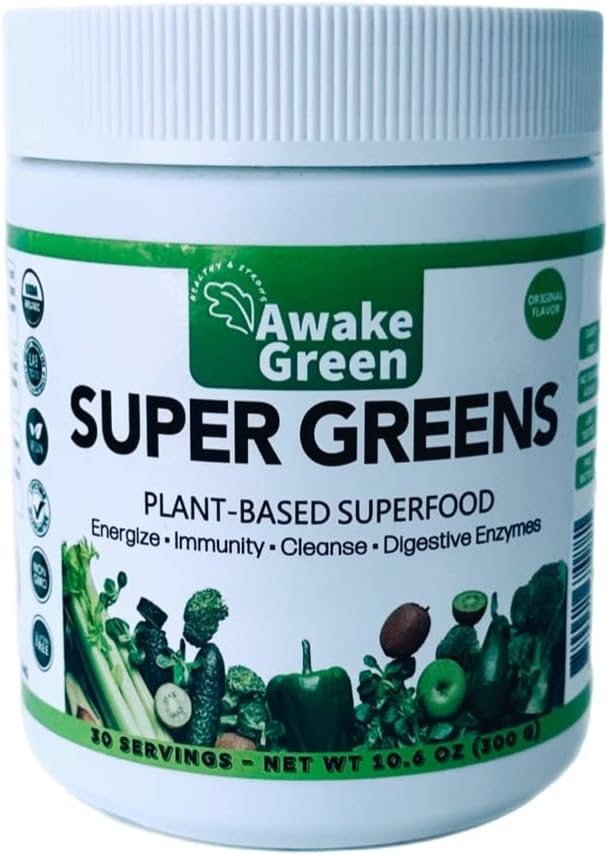 Wake Green - Super Greens - Superfood Powder - USDA Organic Non-GMO Vegan Supplement - for Digestief & Bloating Relief - 20+ Whole Foods (Spirulina, Tarwegras, Gerst), Probiotics, Fiber & Enzymes