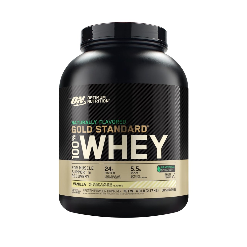 Optimale voeding Gold Standaard 100% Wei Natuurlijk Gearomatiseerd Proteïne Poeder 4.8 (Verpakking Mei Vary), Vanille, 76.8 Ounce