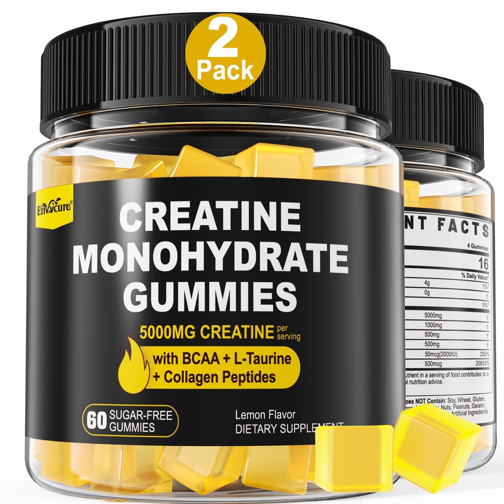 Creatine Monohydraat Gummy's voor mannen en vrouwen - met BCAA, Collageen Peptides, L-Taurine, Vitamine B12, D3, Kauwtabletten Creatine Monohydraat 5g per portie, natuurlijke Citroen smaak, Suikervrij, 2 Pack