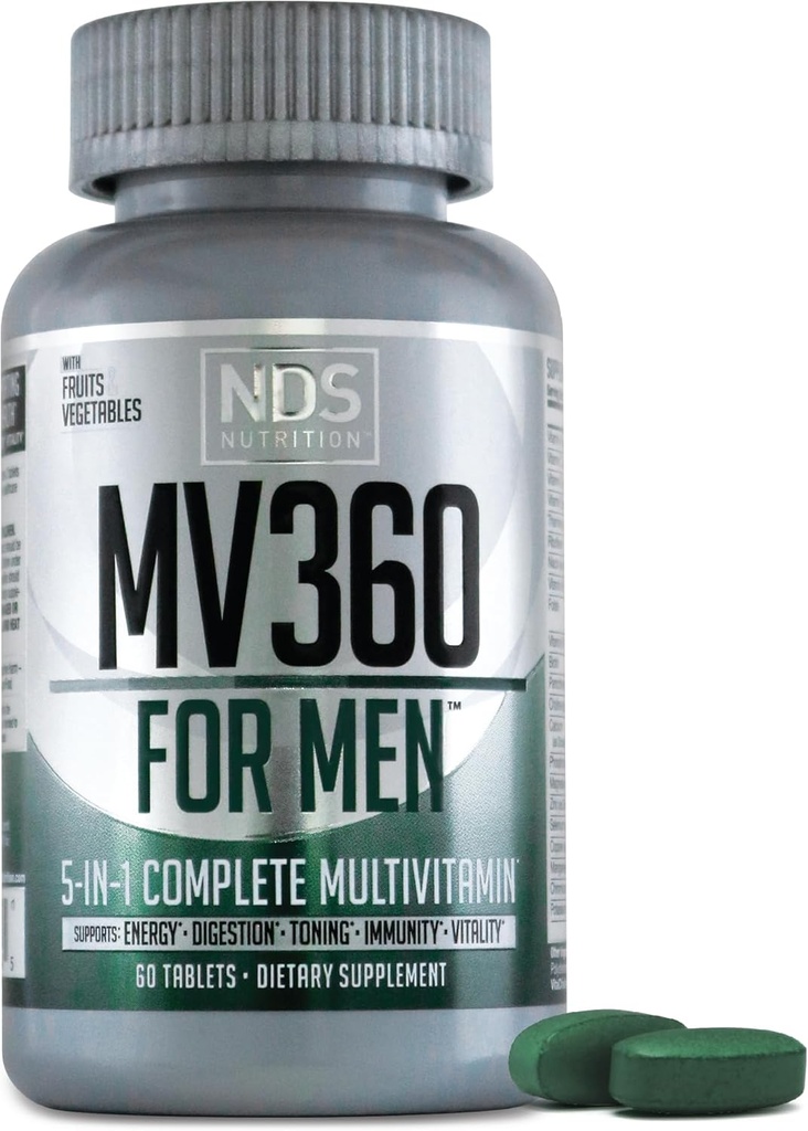 NDS Voeding MV360 voor mannen, 5-in-1 Complete Multivitamine voor mannen met essentiële mannen Vitaminen voor energie, spijsvertering, Toning, Immuun Ondersteuning, en Mens Health & Vitality, 60 tabletten, 30 porties