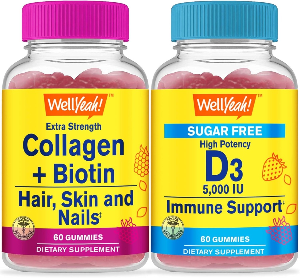 WellYeah Collageen+Biotine + Vitamine D3 5.000 IE Suikervrij, Gummies Bundle - Geweldige Proeverij, Vitamine Supplement, Glutenvrij, GGO-vrij, Kauwgom