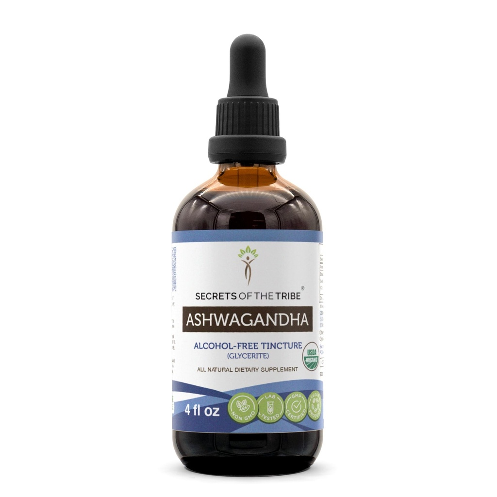 Ashwagandha USDA Extrait sans alcool de teinture biologique, Ashwagandha Withania Somnifera Anti-Stress et Relaxation 4 OZ