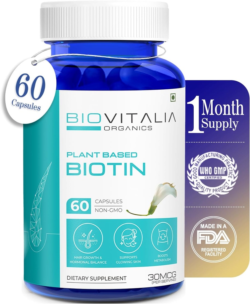 Plant Based Pure Biotin Supplement Capsules- Ondersteuning Sterkere Nagels & haargroei Verrijkt met Sesbania Grandiflora Zonnebloem Zaden Amla Beetwortel &