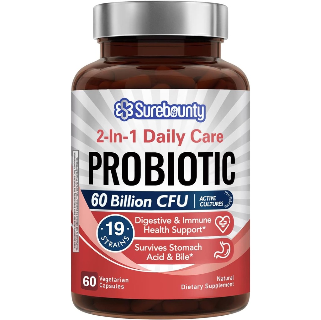 Probiotica 60 miljard CFU 19 strains for Men & Women, with 100mg Prebiotic, Shelf Stable, 2-in-1 Daily Care Probiotic, Non-GMO, Digestief & Immune Health, 60 Veggie Capsules