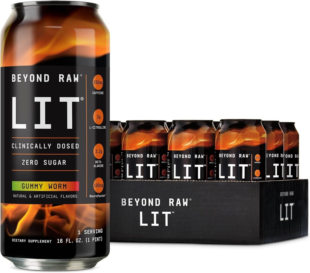 BEYOND RAW LIT Pre Workout, Gummy Worm, pour l'énergie, la concentration, l'intensité et les pompes, avec boost à oxyde nitrique, Zéro sucre, 250mg caféine avec Beta Alanine, 12 Cans