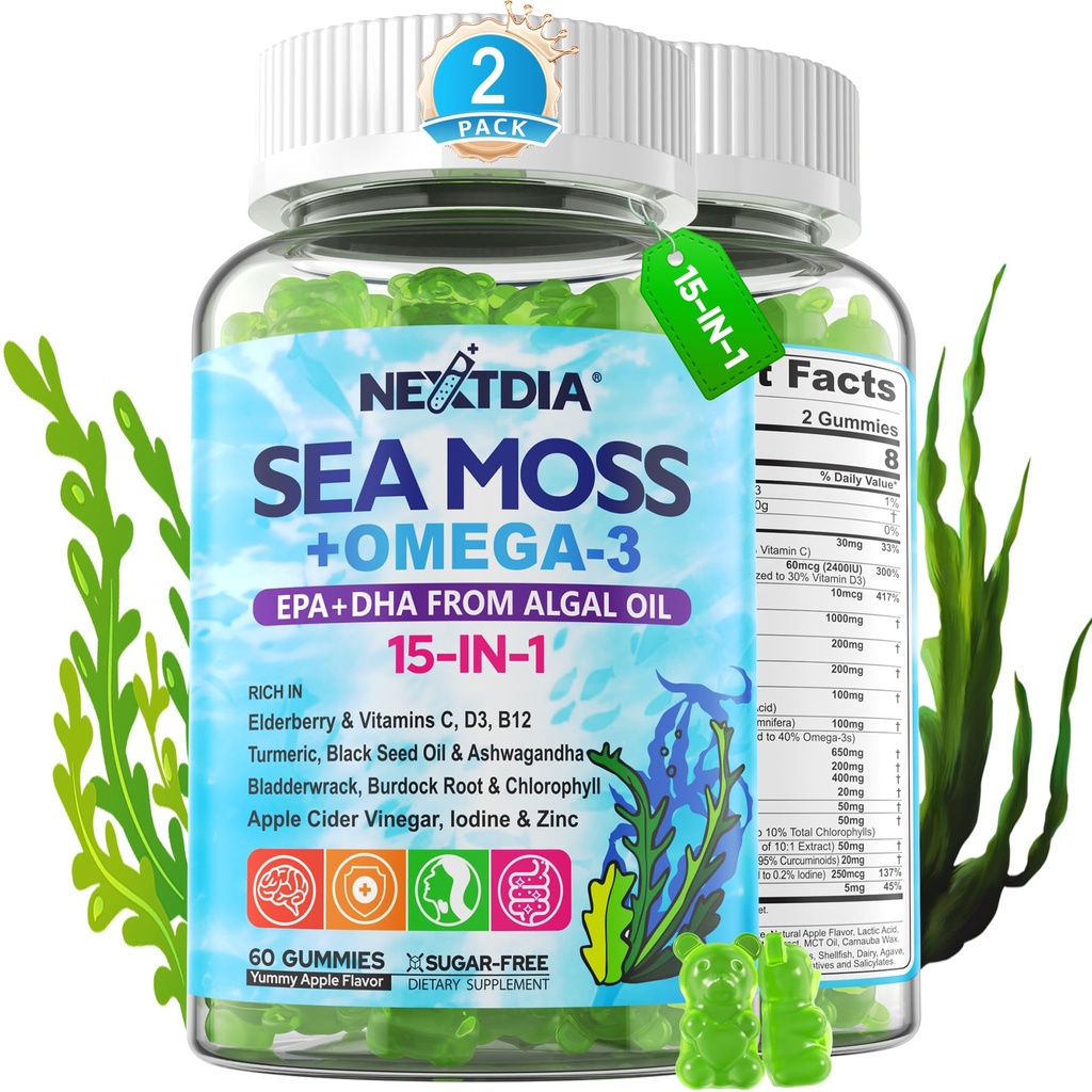 Sea Moss Gummies + Algen Omega-3 voor volwassene, 15-IN-1 Biologische Ierse Zee Mos Superfood met/Vitamins C D3 B12, Kurkuma, Bladerwrack, Ondersteunt Energie, Hersenen, Immune, Dagelijkse vitaliteit, Suikervrij, 120 Ct