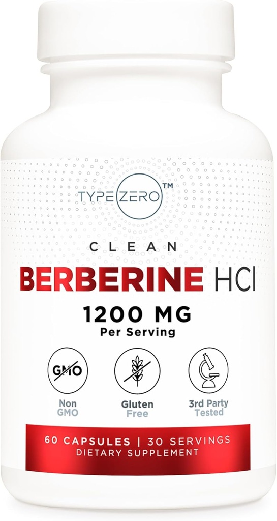 Type Zero Berberine HCL 1200mg 60 Capsules - Propre, Non-OGM, Supplément sans gluten