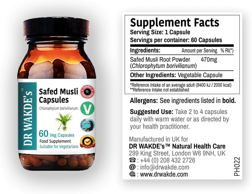 DR WAKDE's Safed Musli Capsules (Chloriophytum borivilianum, 60 gélules, supplément à base de plantes, ayurvédique, tous naturels, végétaliens)