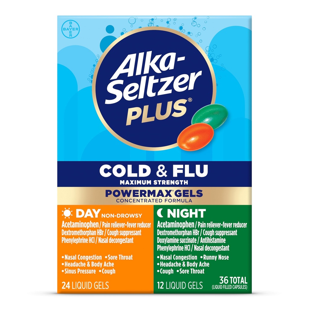 Alka-Seltzer Plus Power Max Cold & Griep Dag + Nacht Geneeskunde: Hoest Suppressant, Koud en Griep Geneeskunde voor volwassenen en kinderen 12 jaar en ouder, 36 Telling, Verpakking mei Vary