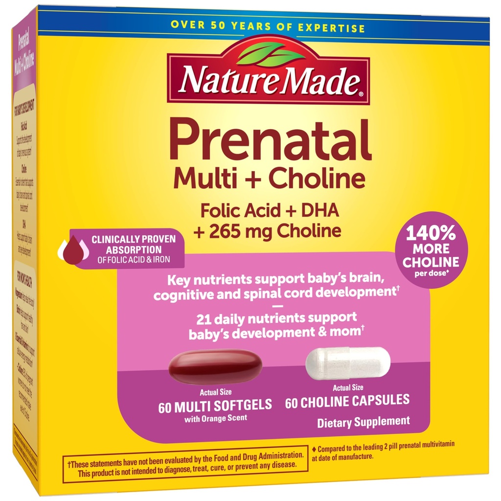 Nature Made Prenatale Vitamine Softgels + Choline Capsules, Foliumzuur + DHA + Choline, 60 Prenatale Vitaminen voor Vrouwen, 60 Choline Supplementen Capsules, 60 Dagen Levering
