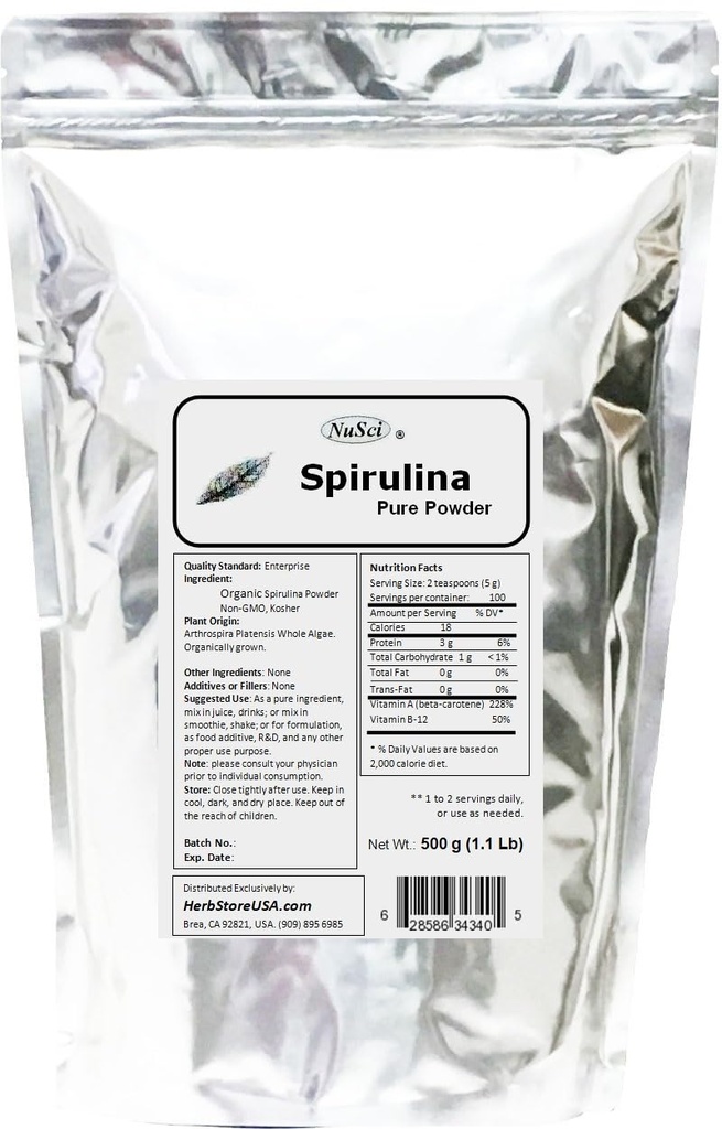 Spiruline cultivée biologiquement 100% Pure Poudre 500g (1,1 lb) frais OGM Non irradié