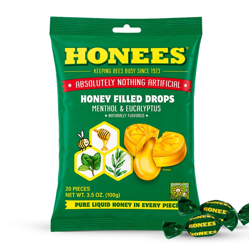 Honees Honey Menthol Cough Drops - 20-Piece, Single Pack Honey-Filed Lozen 
