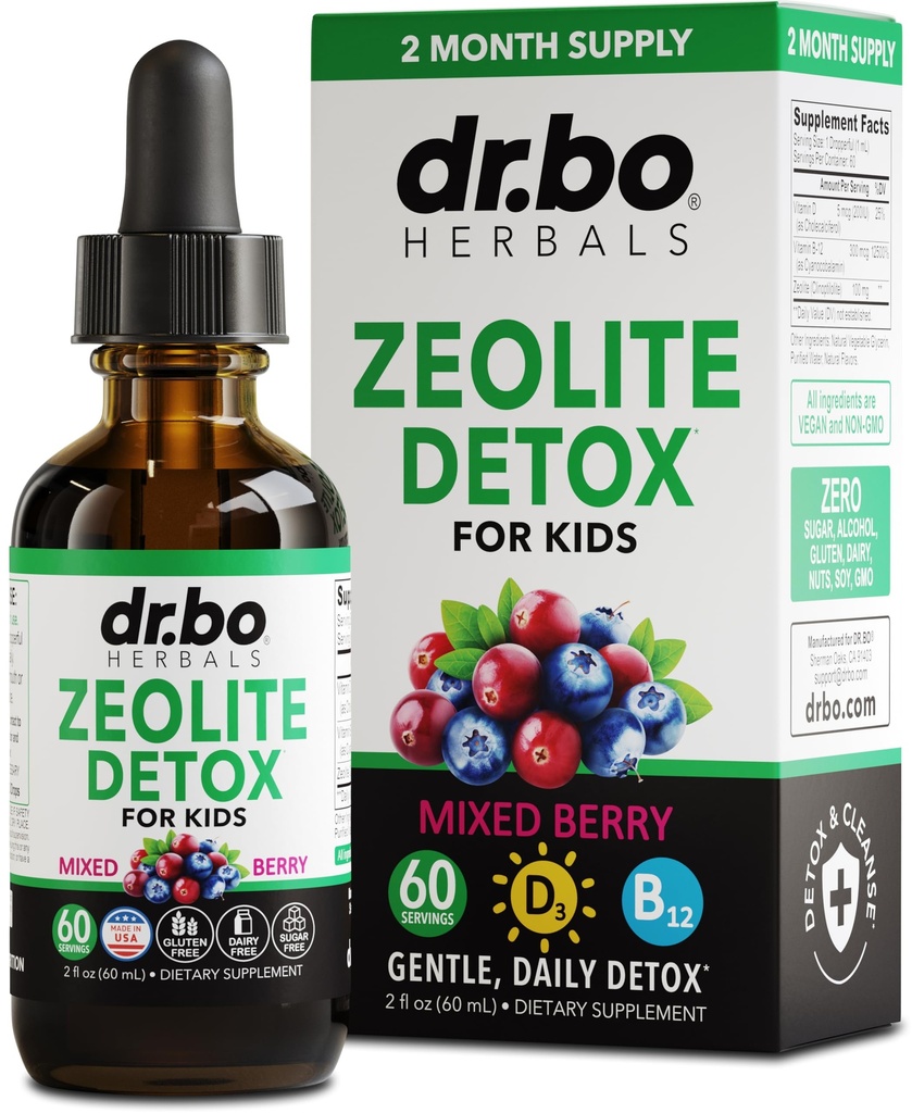 Zeoliet Detox voor kinderen Liquid Drops - Geavanceerde Clinoptiloliet met Pure Vitaminen B12 & D - Kids Voorzichtig lichaam Dagelijkse reiniging Focus & Speech Extra Clinoptiloliet Zeoliet Drops Detox Cleanse Supplement 2oz
