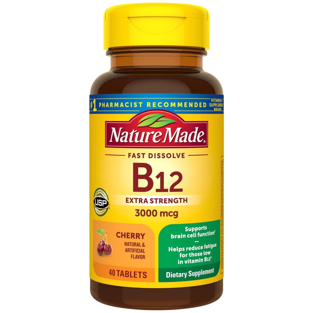 Nature Made Vitamin B12 3000 mcg, Makkelijk te nemen Sublingual B12 voor energiemetabolisme Ondersteuning, 40 Sugar Free Fast Solution Tablets, 40 dagen levering