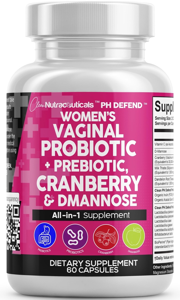 Schone Nutraceuticals Vaginale Probiotica voor vrouwen met Cranberry, D-Mannose, Prebiotica, pH-balans Ondersteuning, Vrouwelijke Gezondheid, Urinaire Tract Reiniging Capsule Alternatief voor Gummies 60 Tellen
