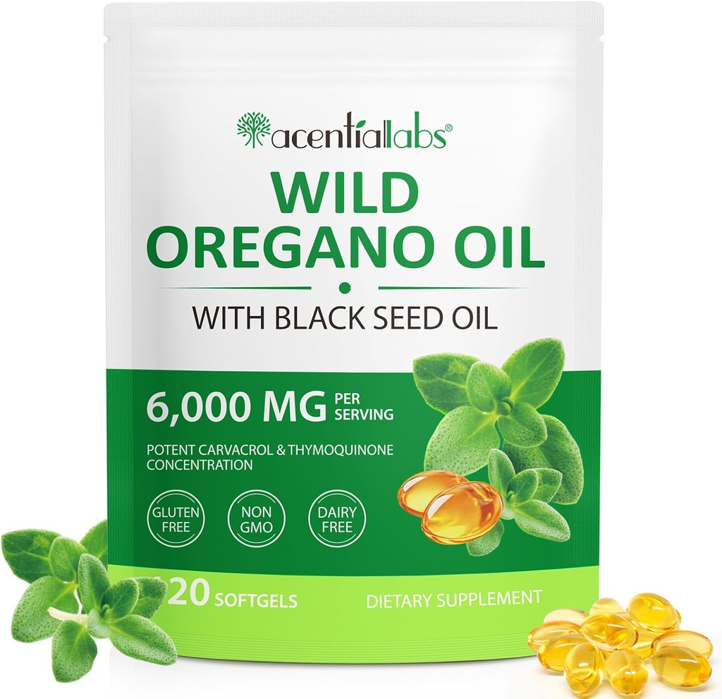 Olie van Oregano met Black Seed Oil,Oil of Oregano Softgels 6000mg Per Serving,2 in 1 Geformuleerd met Black Seed Oil 200mg,Organische Oregano Oil,Gluten Free,Dairy Free,120 Count(1 Pack)