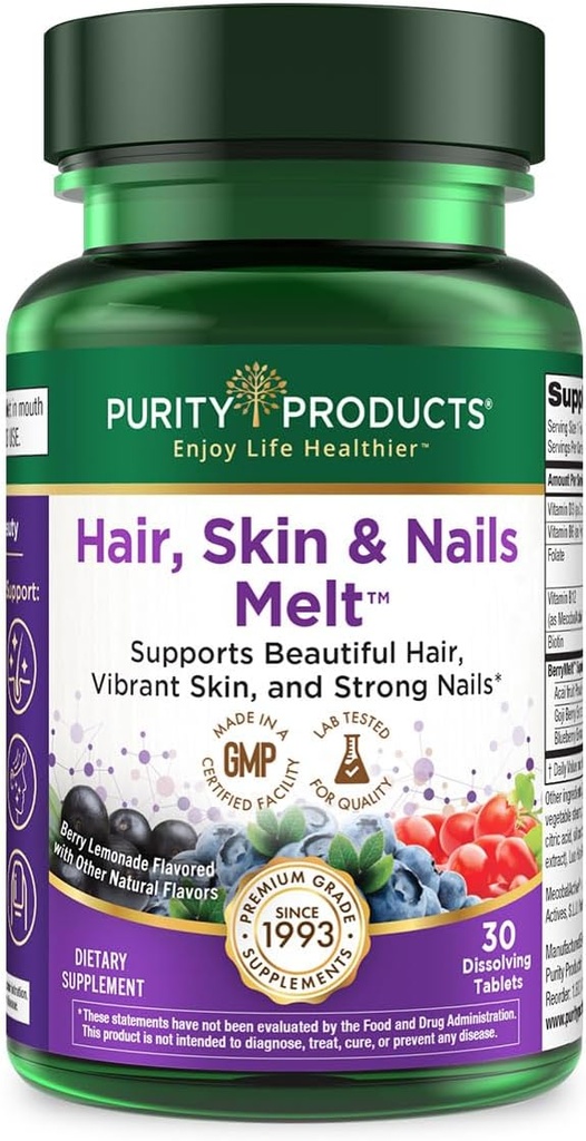 Zuiverheid Producten Haar, huid + nagels Smelt 1000mcg B-12 + 2500mcg Biotine Energie Berry Melt - Delicious Berry Lemonade Flavor w/Super Fruit - B12 Methylcobalamine - 30 smelttabletten