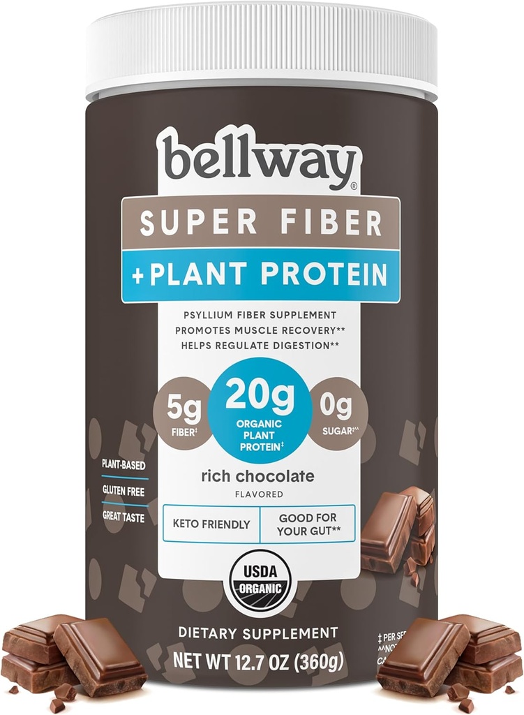 Bellway Super Fiber + Proteïne Poeder, Suikervrije Biologische Psyllium Husk Fiber Supplement Poeder met 20g Plant Proteïne Per Serving, Rijke Chocolade, 12.7 oz